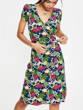 Boden Colorful Floral Botanical Wrap Dress Flattering, Size 18